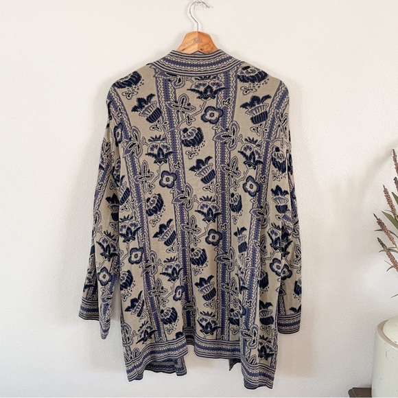 Peruvian Connection | Pima Cotton Blue & Tan Floral Open Front Cardigan - Picture 5 of 9